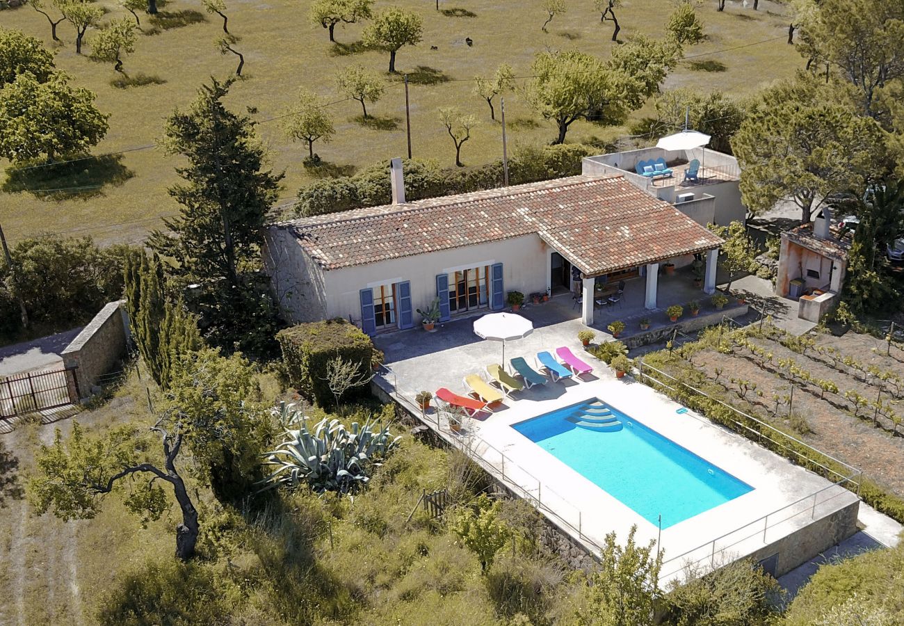 Luftbild mit Garten und Pool der Finca Can Joan in Arta