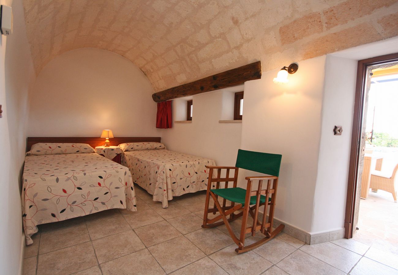 Schlafzimmer mit zwei Einzelbetten und Tür zur Terrasse der Finca 