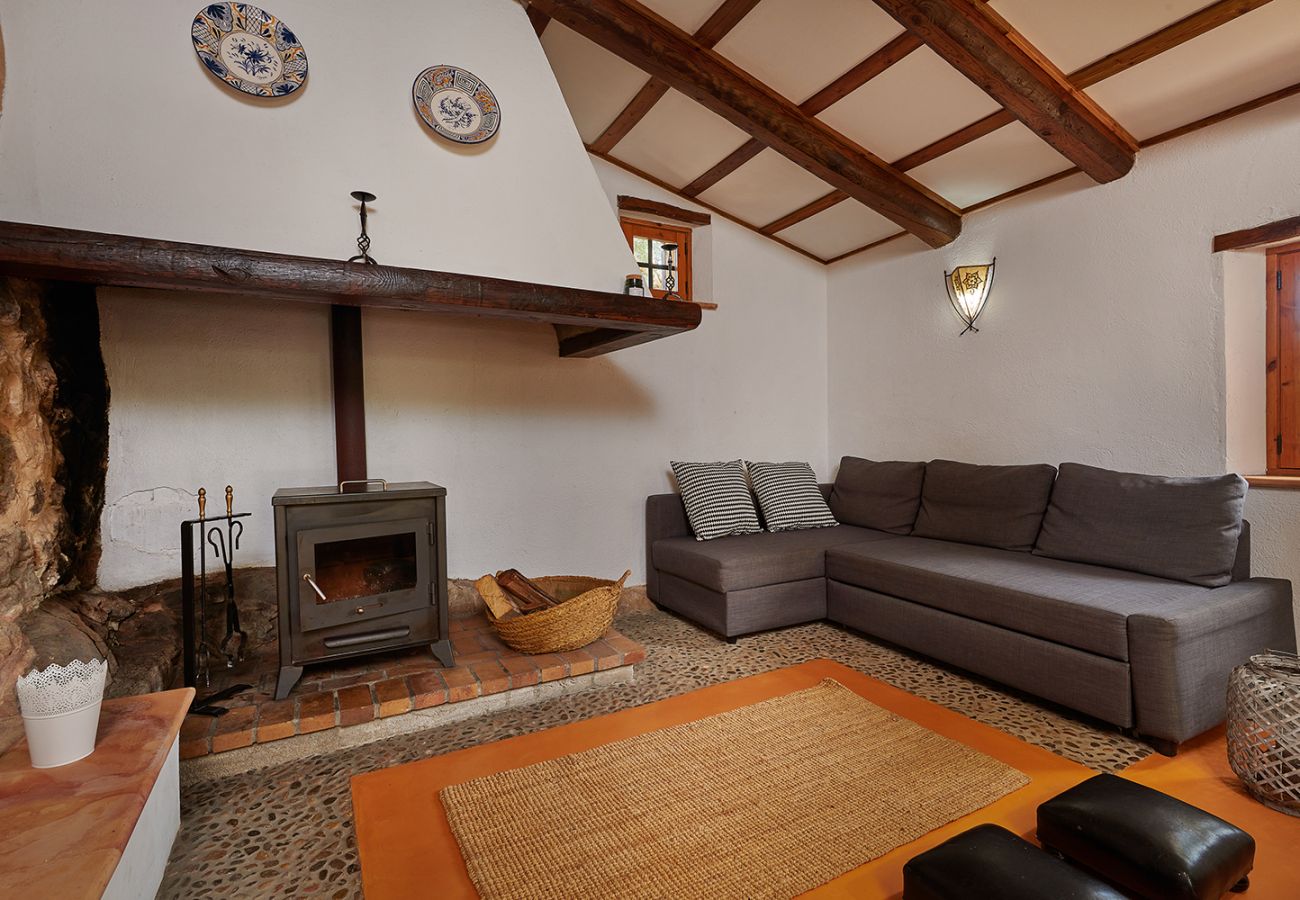 Wohnzimmer mit Sofa und Kamin der Finca Es Picot bei Sant Llorenç Des Cardassar